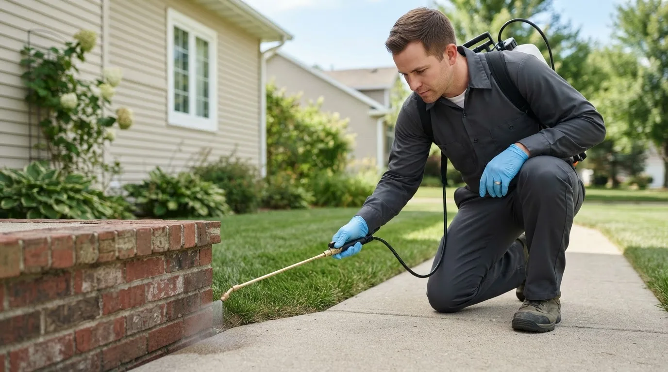 Pest control technician treating a home near Strandquist, MN