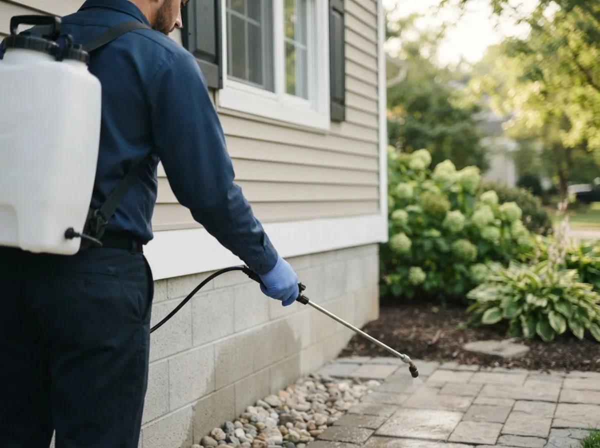 Pest control technician inspecting a home in Strandquist, MN